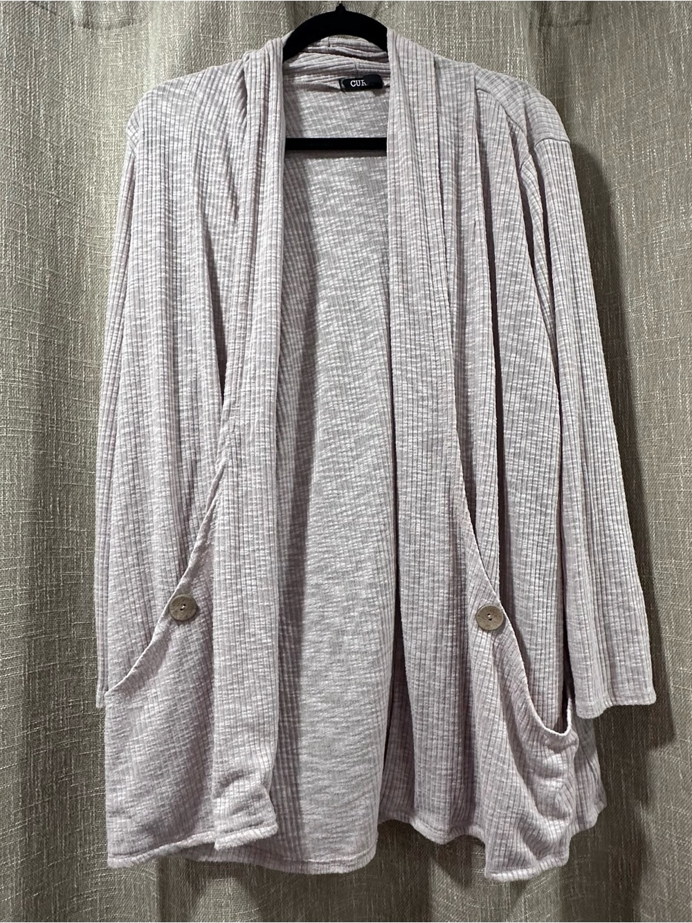 Light Heather Gray Ribbed Open-Front Cardigan with Pocket Buttons